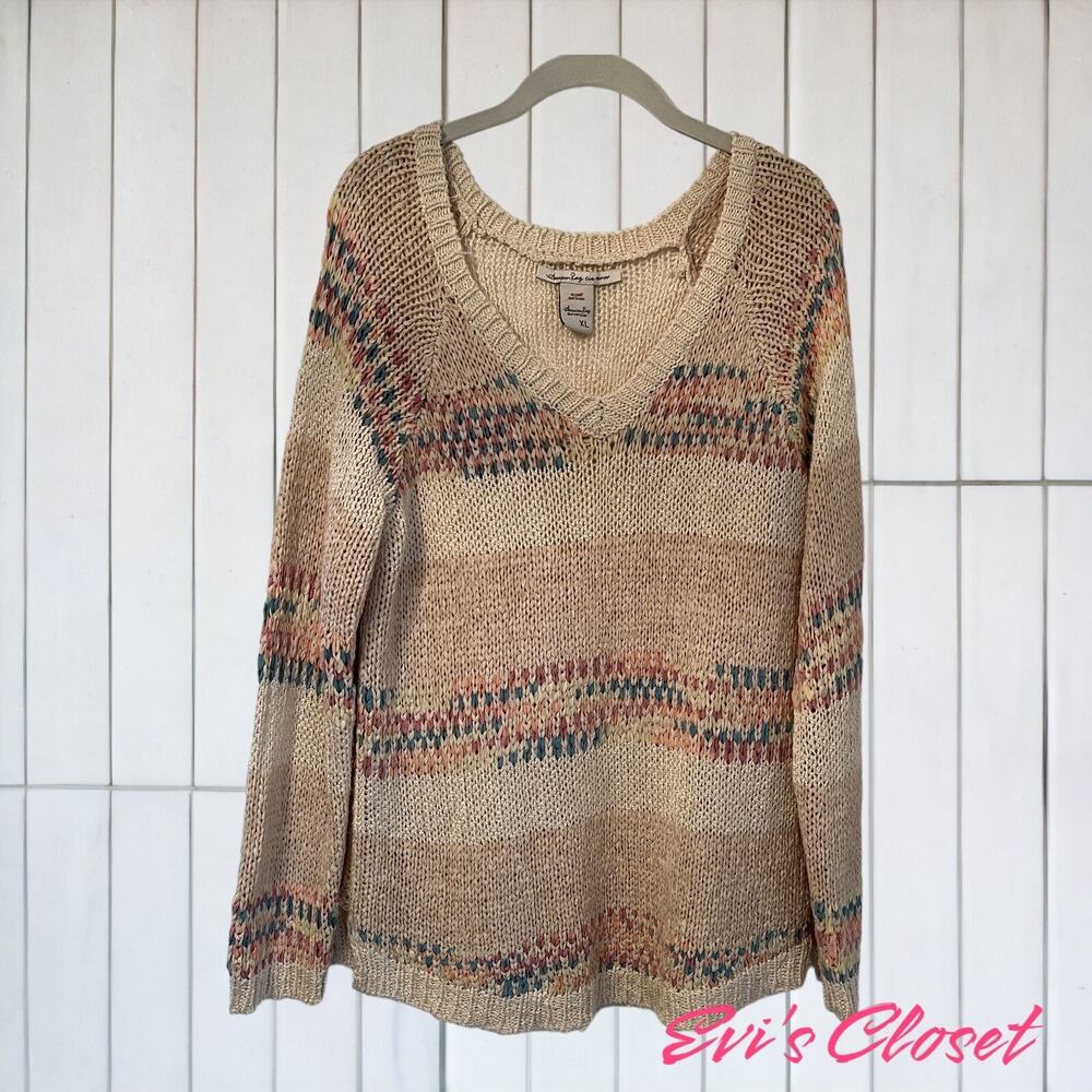 American Rag CIE Knitted Sweater Top Long  Sleeve XL, V Neck Beige.